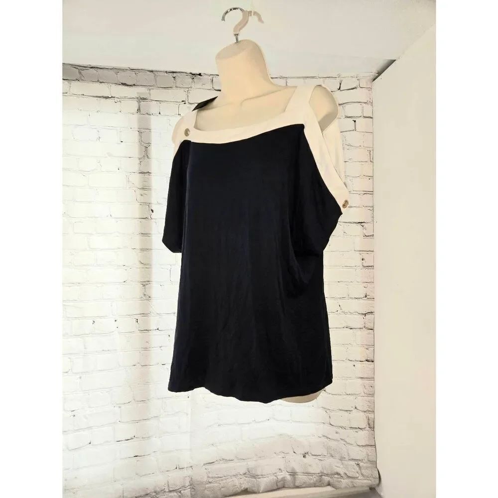 Cable & Gauge Womens Size XL Navy/White Cold Shoulder Blouse